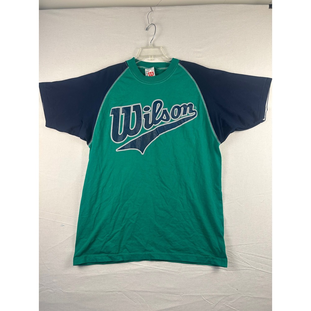Vintage Wilson Mens XL Green Navy Blue Raglan Mesh Sleeve Graphic T-Shirt